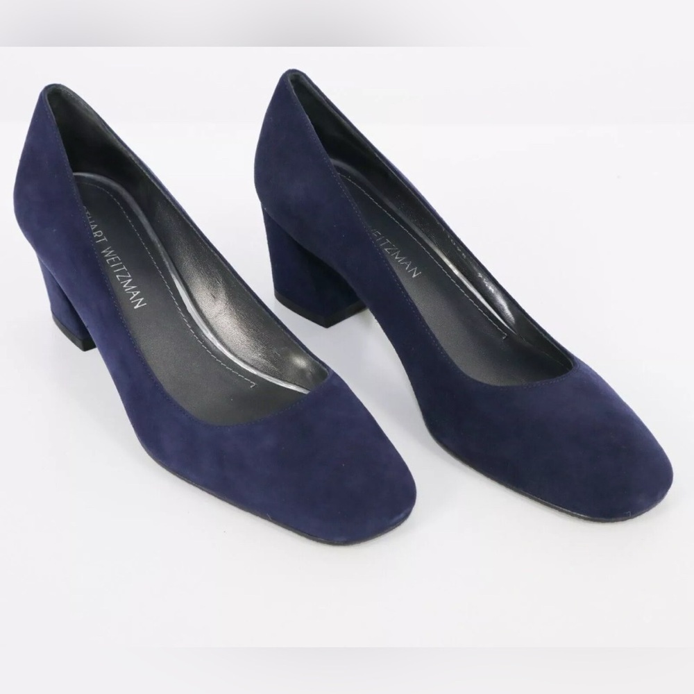 Stuart Weitzman Navy Suede Block Heel Pumps